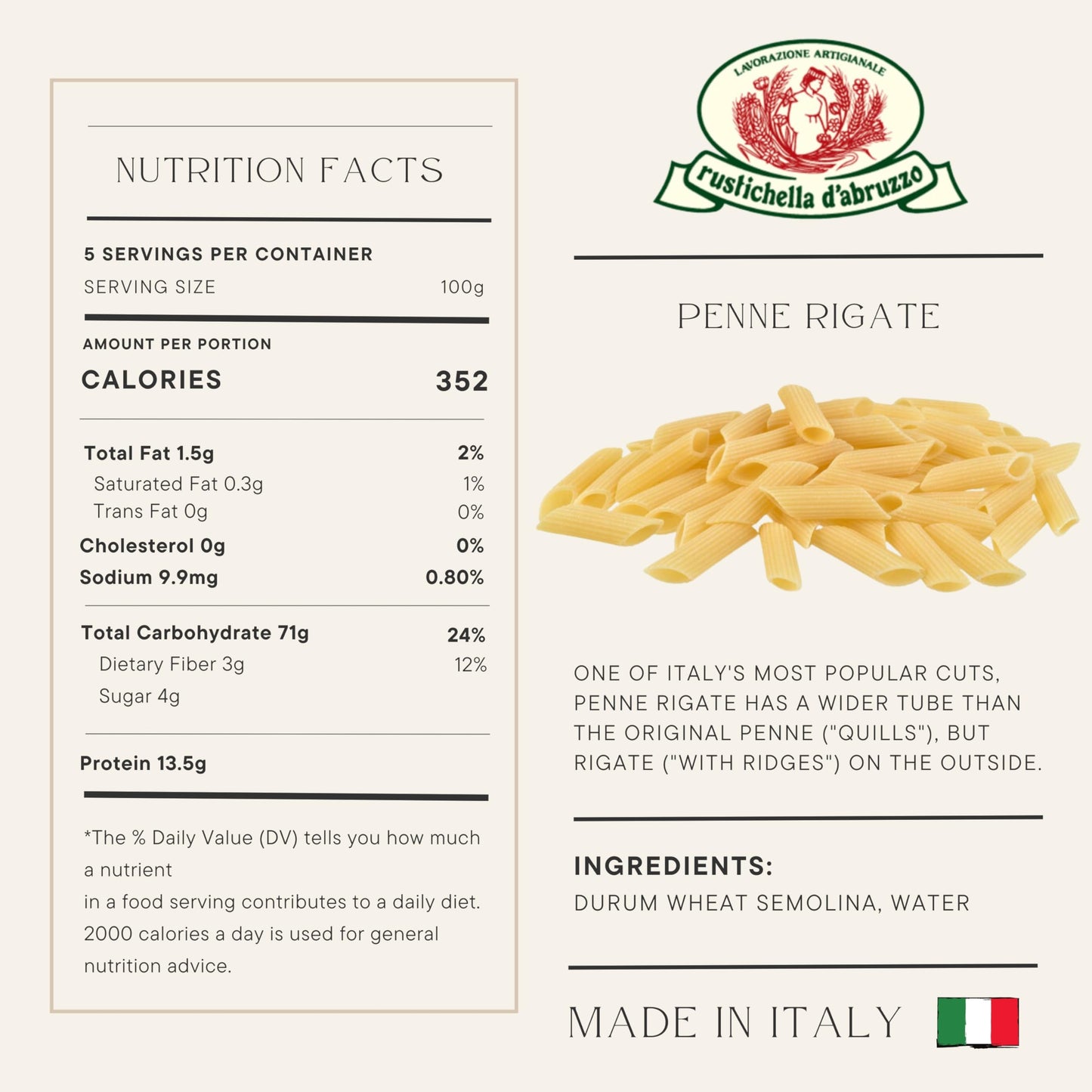 Rustichella Dabruzzo Penne Rigate Pasta - 500G Classic Durum Wheat Short Pasta With Ridges - Ideal For Sauces - Cooks In 10-12 Minutes - Authentic Italian Pasta