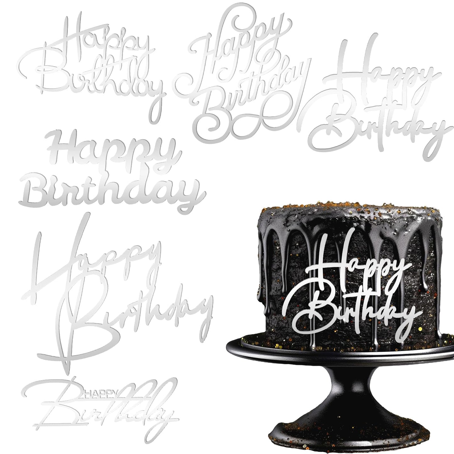 Lusofie 6 PCS Happy Birthday Cake Toppers, Silver Acrylic Glitter, Suitable for Cakes Above 4 Inches