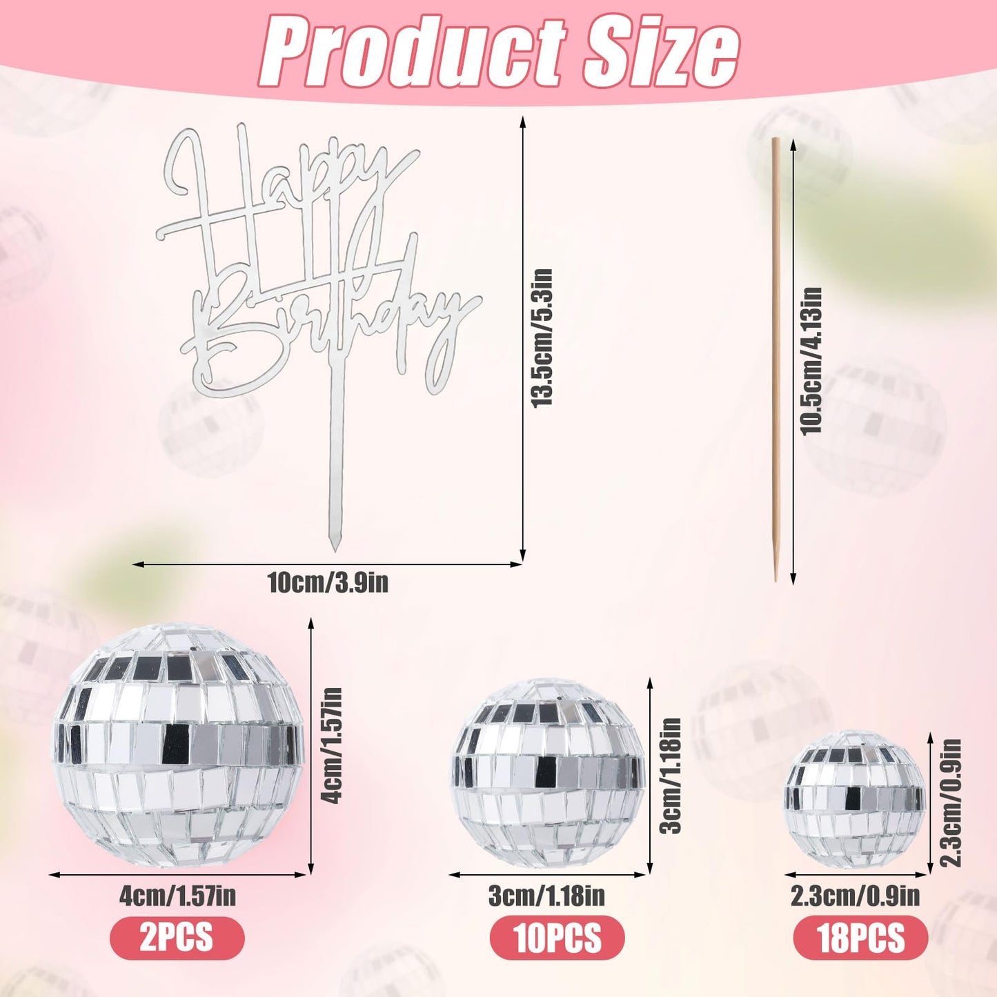PEUTIER 31pcs Disco Ball Cupcake Toppers, Silver, Foam, Includes Acrylic Happy Birthday Sign, Various Sizes