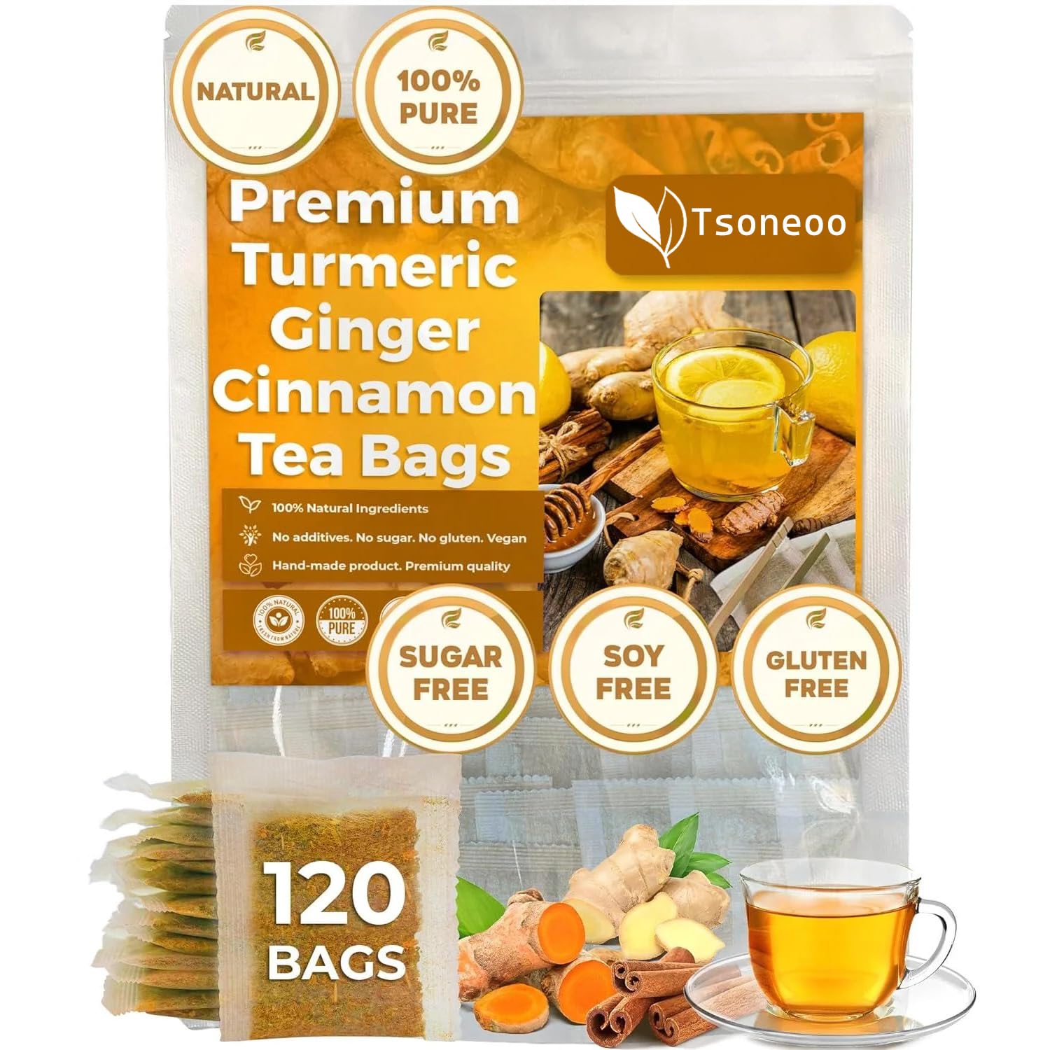 tsoneoo Premium Turmeric Ginger Cinnamon Tea Bags - 100% Natural, Vegan, No Sugar, No Caffeine, 120 Bags