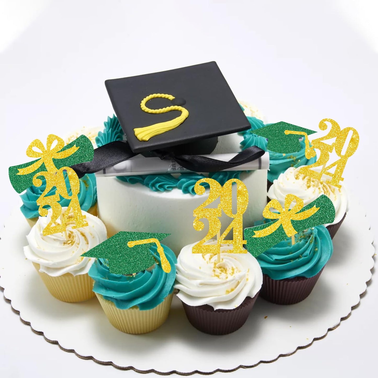 Graduation Cupcake Toppers Grad Party Decoration Food Picks Congrats Glitter Diploma Cap School Colors Supplies 24 Pcs Green Gol