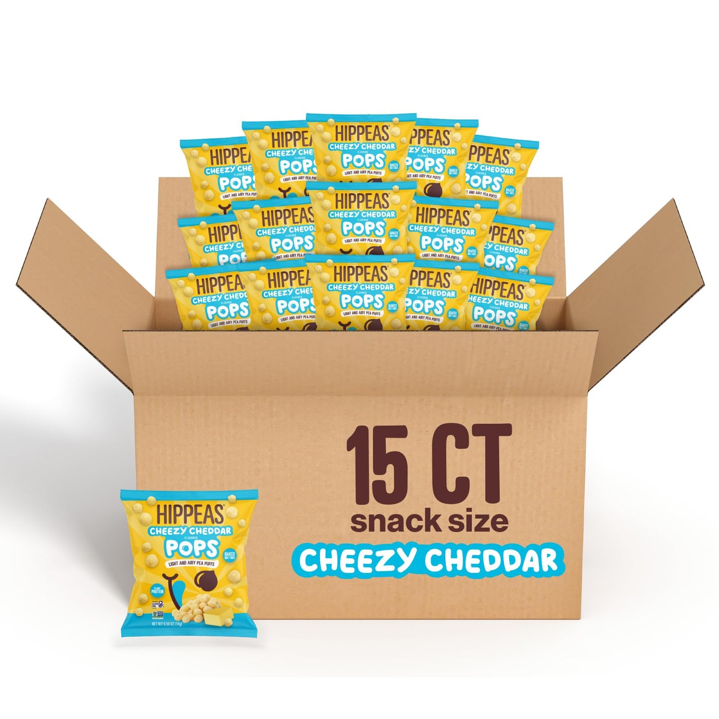 HIPPEAS Cheezy Cheddar Pops, Vegan Snack, 2g Protein, Gluten-Free, 0.5 Ounce (Pack of 15), Tan