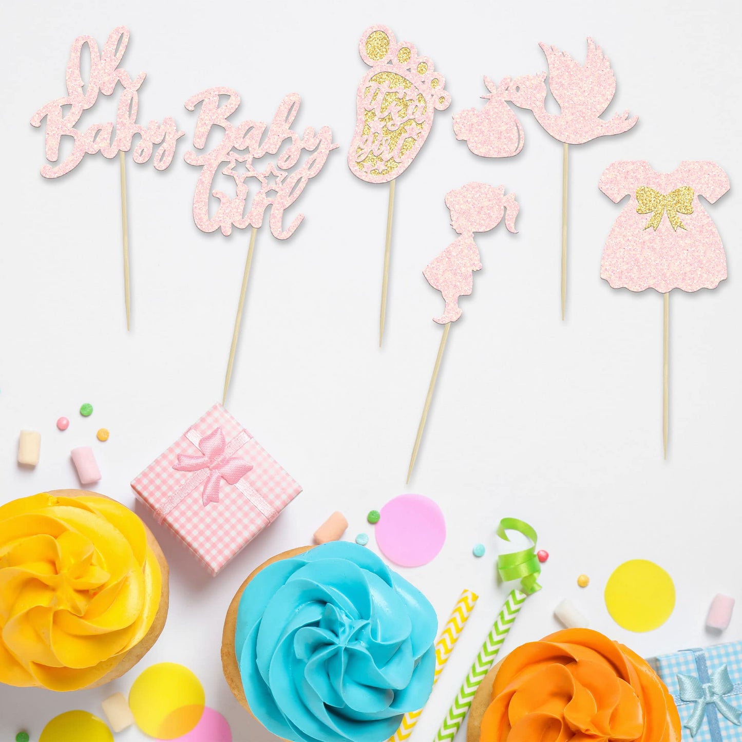 24Pcs Oh Baby Cupcake Toppers Baby Girl Cupcake Toppers With Bow Dress Footprint Swan Light Pink Glitter Babyshower Gender Revea