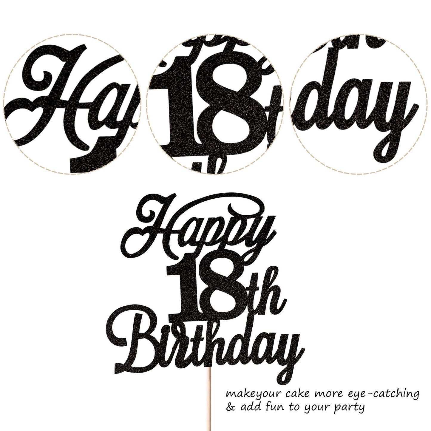 Rssta i Happy 18th Birthday Cake Topper Black Glitter, 18 & Fabulous, Model XM063-Black 18th, Paper Material, Party Decoration
