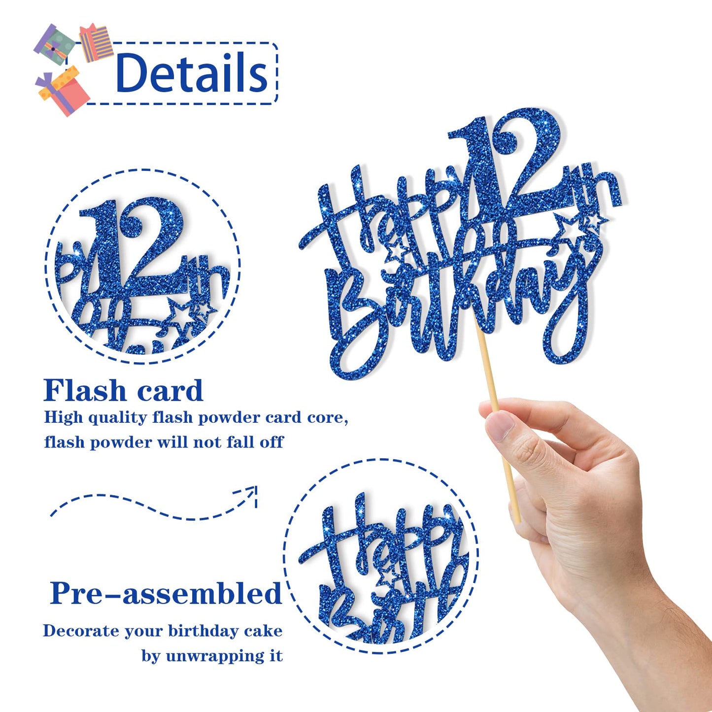 Roadsea Happy 12Th Birthday Cake Topper - Kid Girl Boy Twelve Years Old Birthday Cake Supplies - 12Th Birthday Party Decorations
