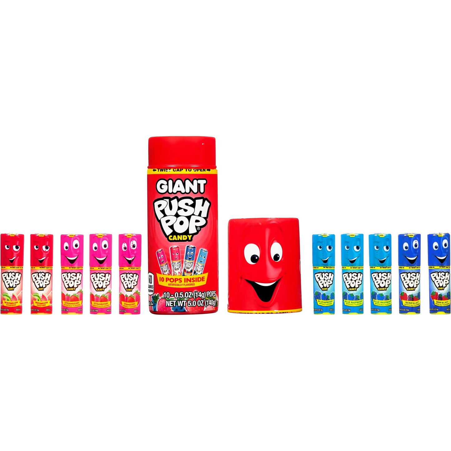 Push Pop Giant Lollipop Container - 10 Count Assorted Fruity Flavors - 0.5 Ounce Pack - Blue