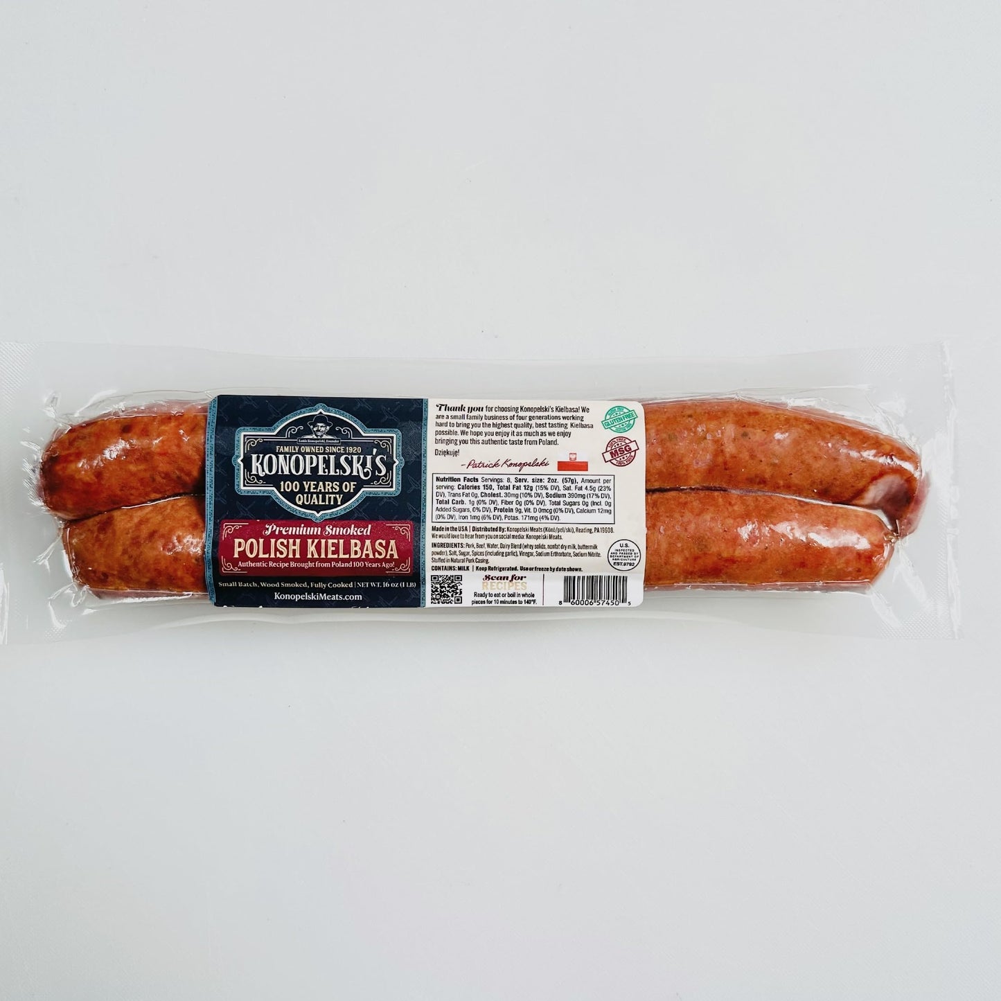 Konopelskis Polish Kielbasa, Rope Style, Authentic Recipe, 16-1lb Packs, Natural Wood Fired Smoke