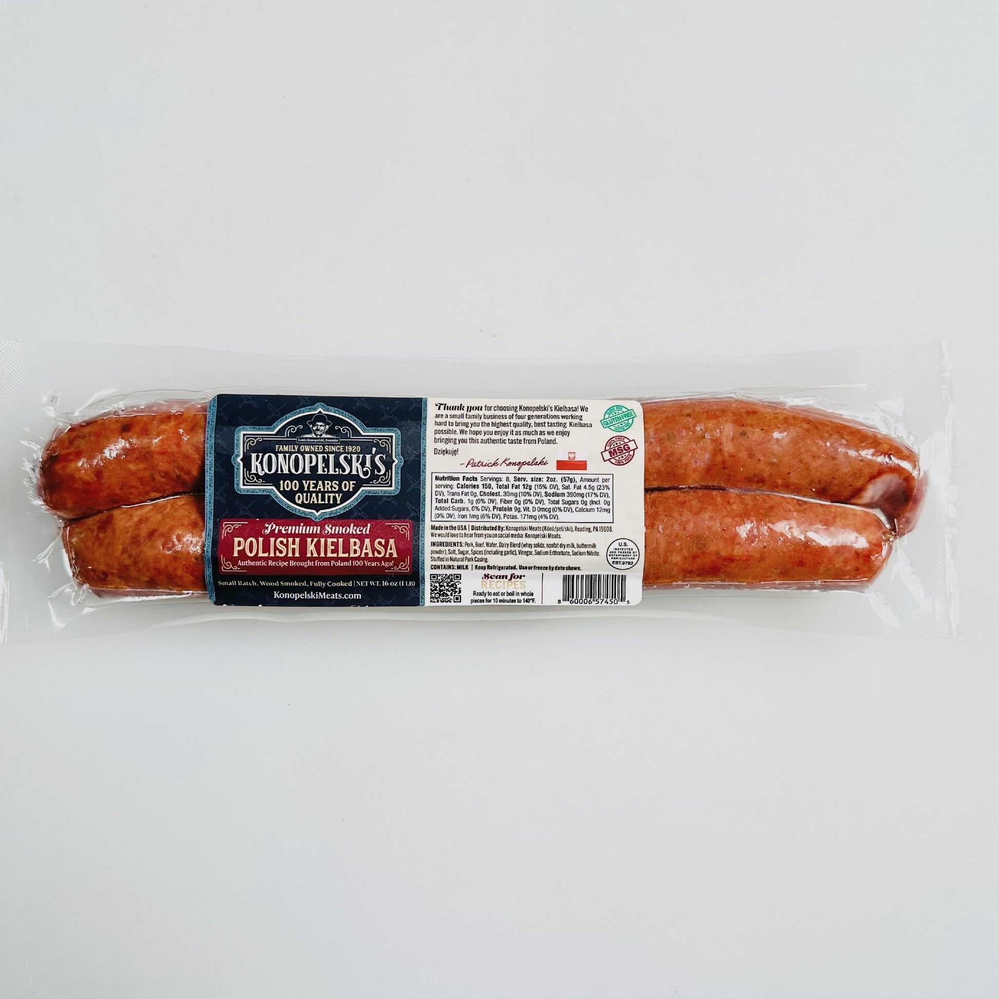 Konopelskis Polish Kielbasa, Rope Style, Authentic Recipe, 16-1lb Packs, Natural Wood Fired Smoke