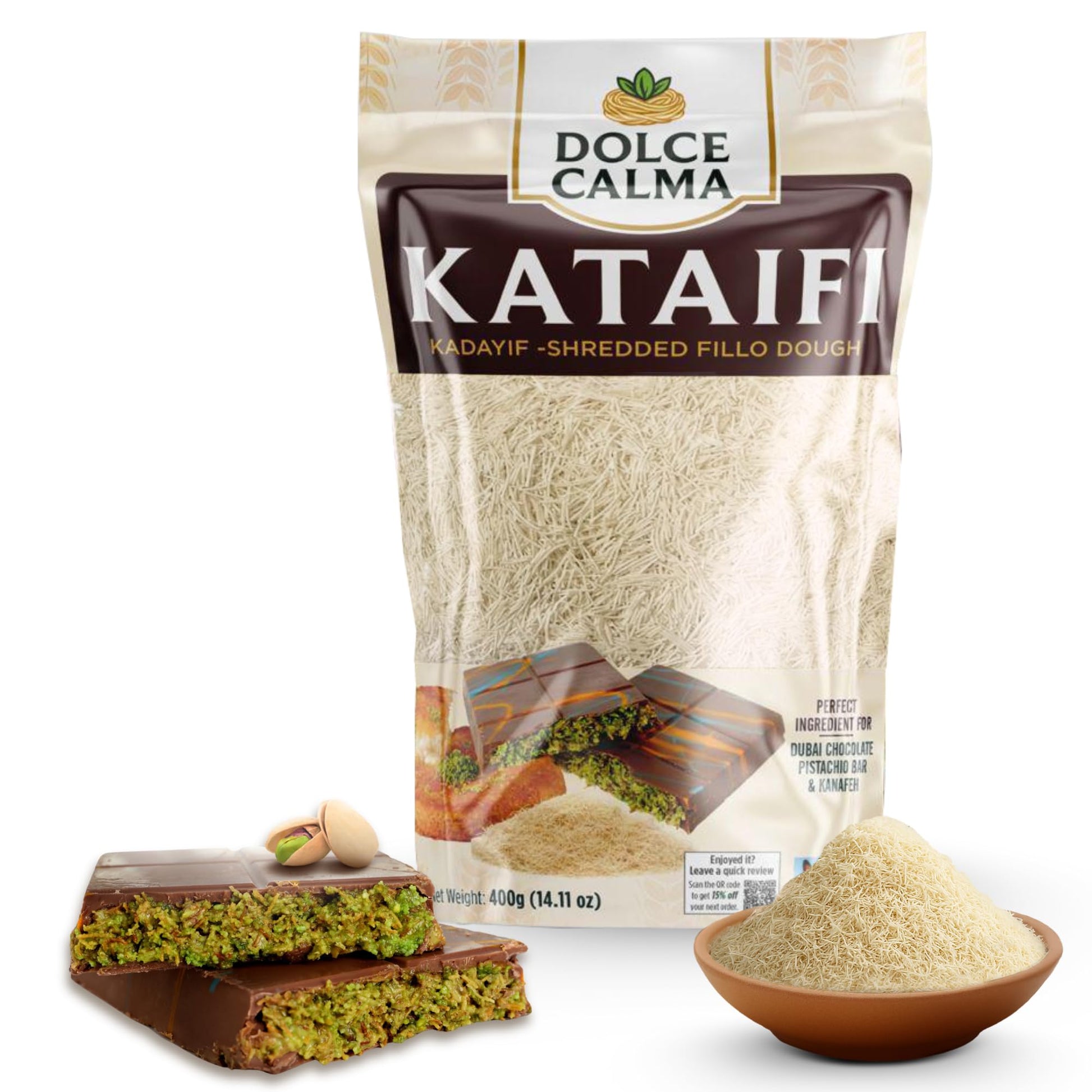 Dolce Calma 14.1 Oz(400G) Top-Grade Dried Kataifi Dough | Resealable Bag | Kadayif For Dubai Chocolate Bar  Kunafa & Baklava Desserts | Finely Shredded Fillo/Phyllo For Pistachio Cream & Bakery Creations