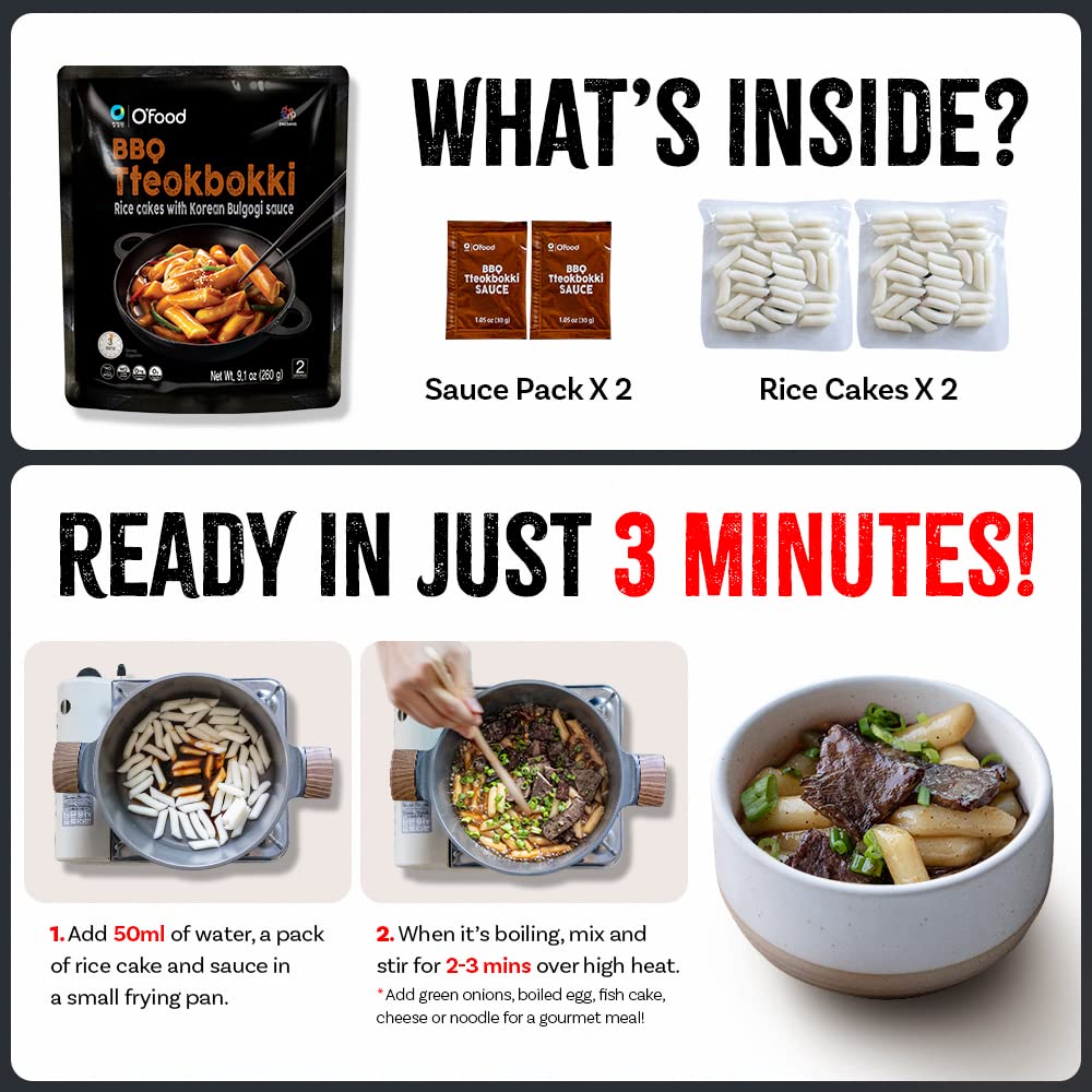 C O'Food Bbq Tteokbokki, Authentic Korean Rice Cakes, Korean Street Food Snack, Perfect With Cheese And Ramen Noodles, Ready To