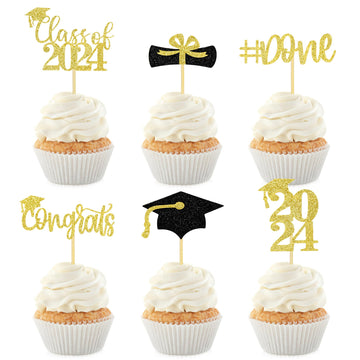 24Pcs Glitter Graduation Cupcake Toppers 2024 Gold Cupcake Picks For Graduation Theme Decorations Class Of 2024 No Diy Need