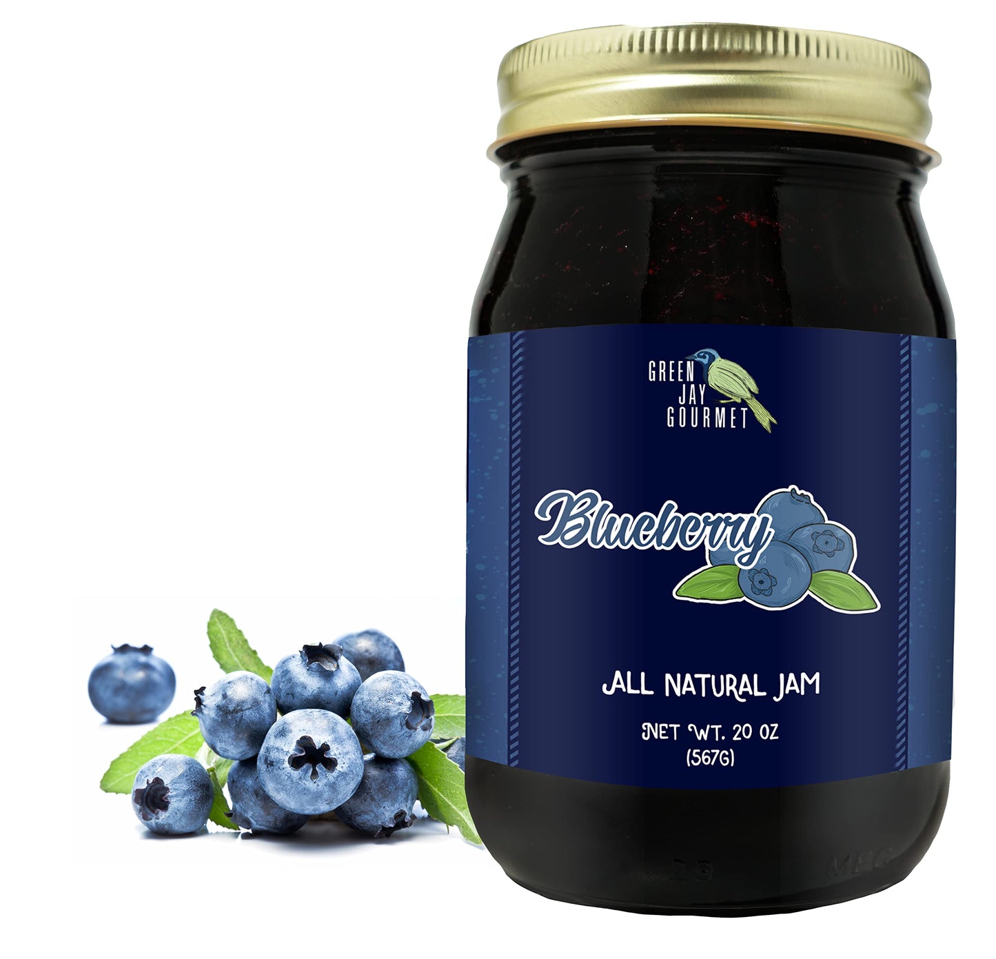 Green Jay Gourmet Blueberry Jam - All-Natural, Vegan, Gluten-Free - 20 Ounces