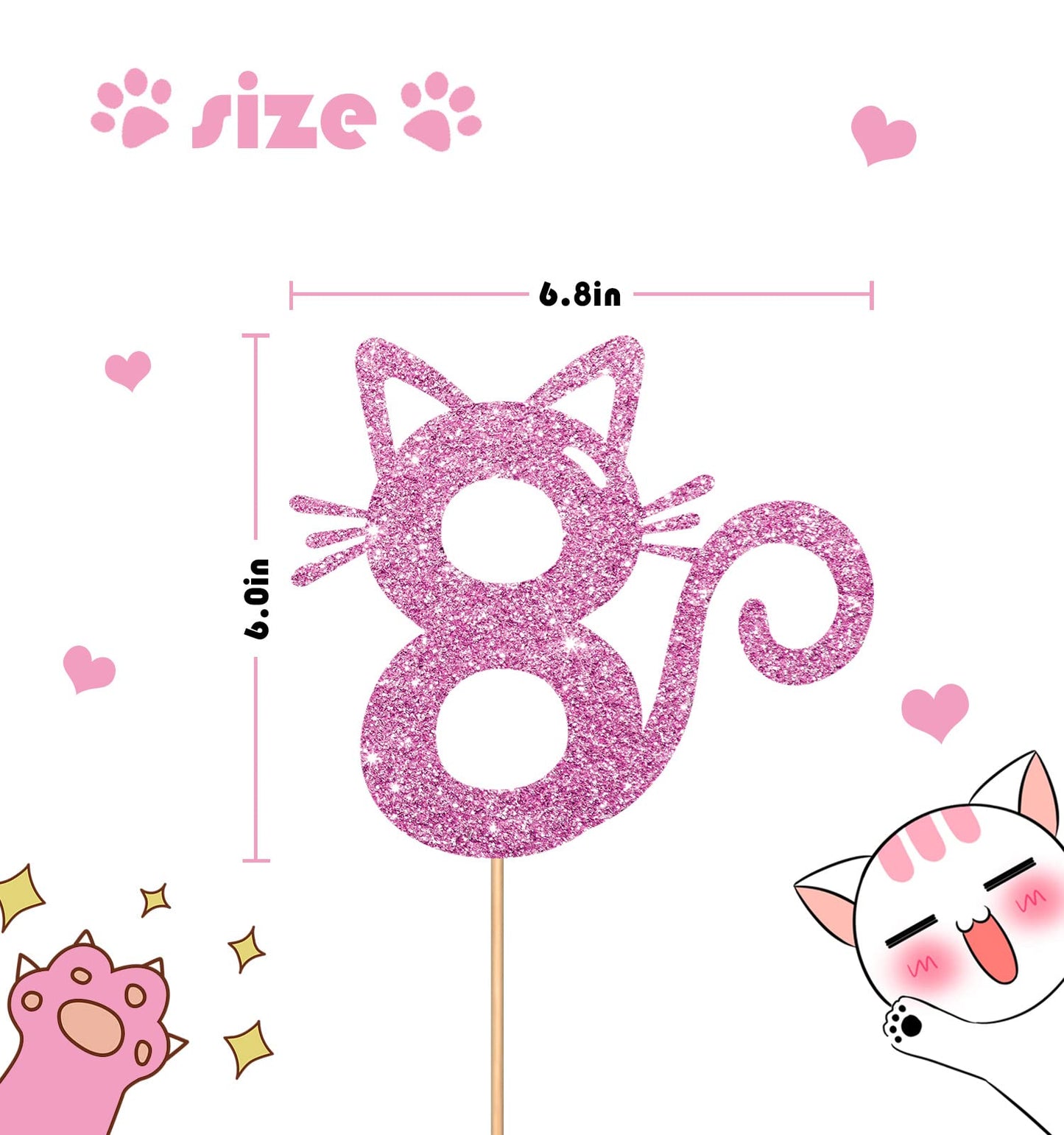 MINUET MINUTE Cat Eight Cake Topper, Pink Glitter, Birthday Party Decoration for 8th Birthday Girl