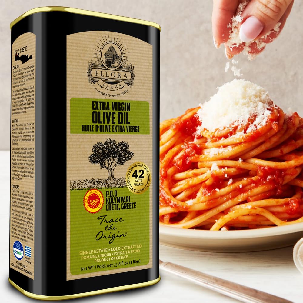 Ellora Farms, Single Estate Pdo Greek Extra Virgin Olive Oil, Cold Pressed & Traceable Olive Oil, Kosher, 1 Lt Tin (33.8 Oz.), P