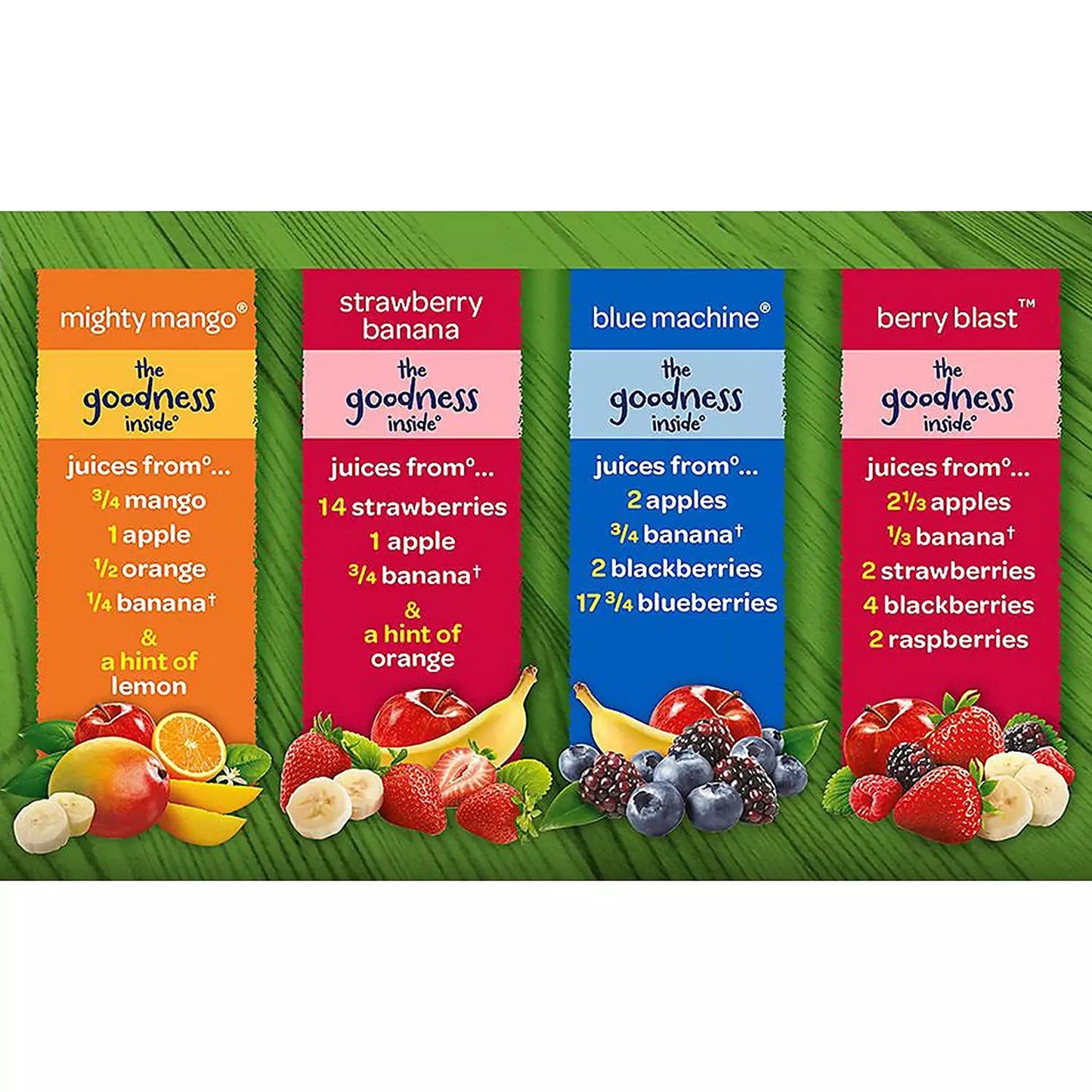 Gourmet Kitchn Naked Juice Variety Pack - Strawberry Banana, Mighty Mango, Berry Blast, Blue Machine - 24 Pack (10 oz) - No Sugar Added, Non GMO