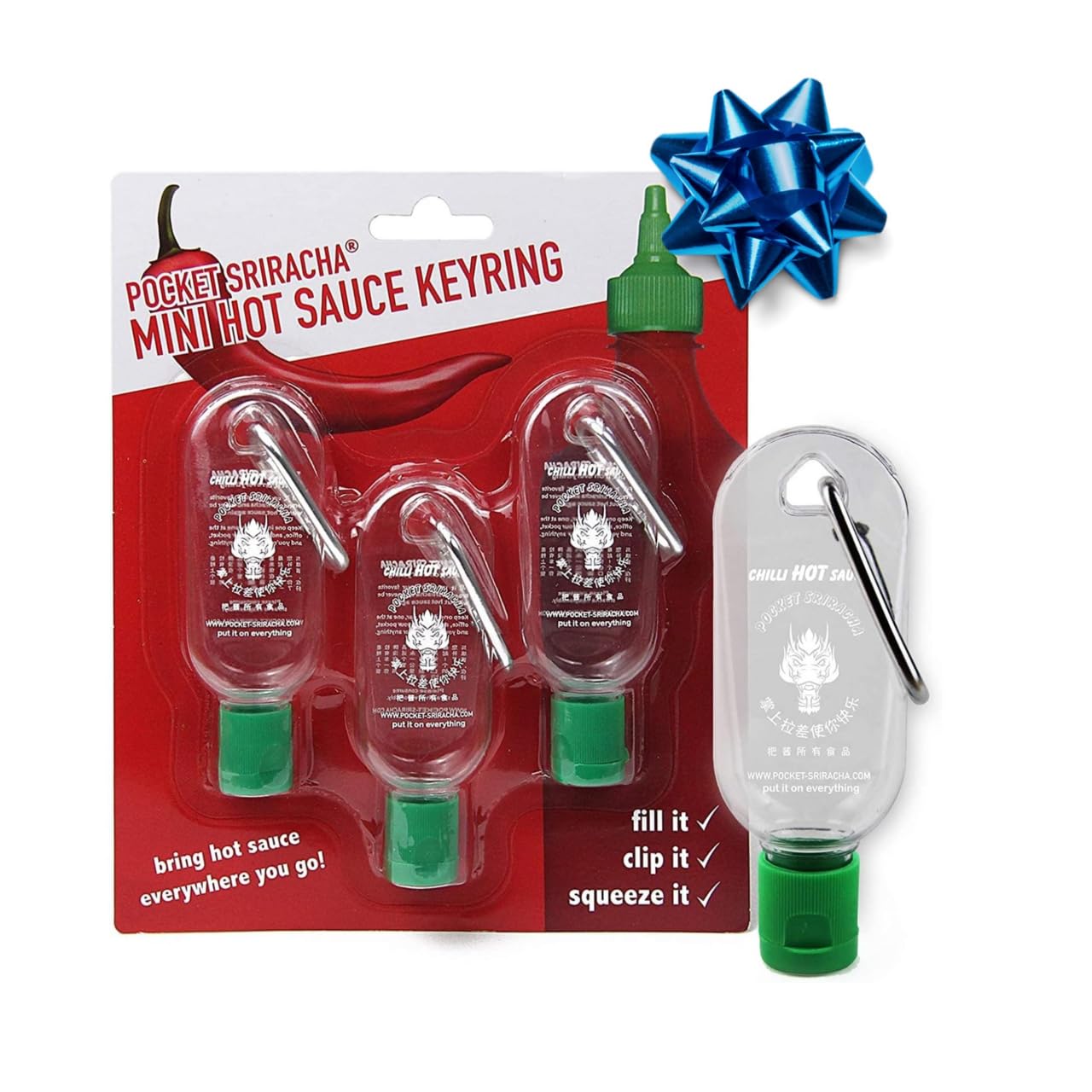 Pocket Sriracha Mini Hot Sauce Keyring Bottle - 3 Pack, Plastic, Great Gift for Sauce Lovers