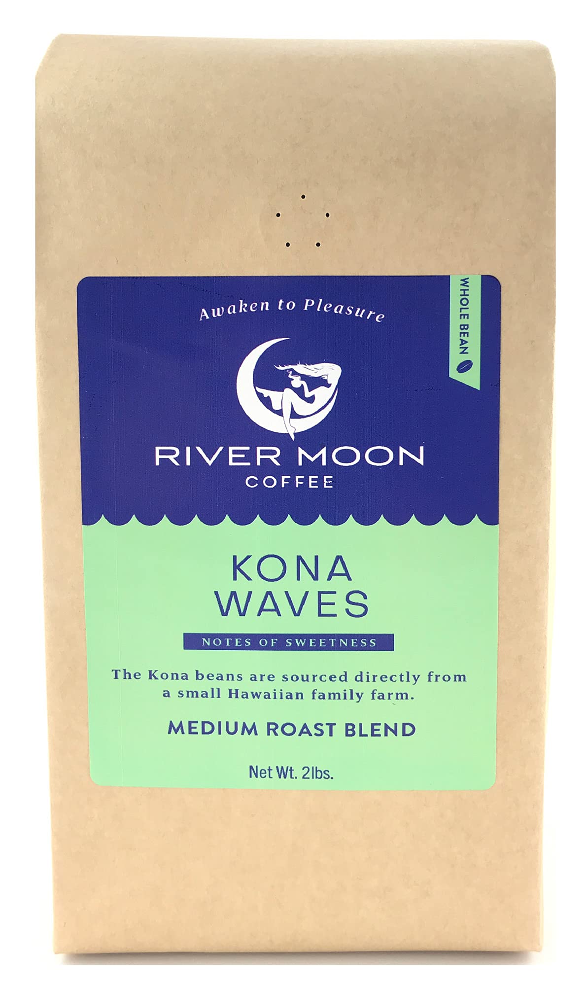 River Moon Coffee, Kona Coffee Whole Bean, Medium Roast, 2 lbs, Kona Waves Hawaiian Blend, Sustainably Farmed, 100% Arabica