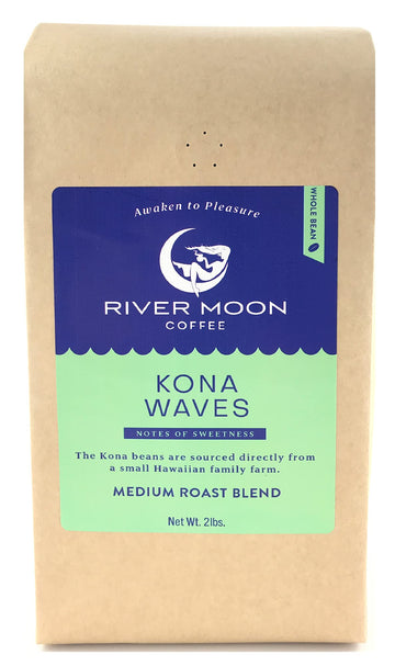 River Moon Coffee, Kona Coffee Whole Bean, Medium Roast, 2 lbs, Kona Waves Hawaiian Blend, Sustainably Farmed, 100% Arabica