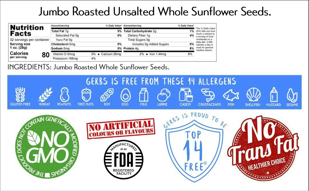 GERBS Jumbo Unsalted Sunflower Seeds In Shell - 2 LBS - Top 14 Allergen Free, NON GMO, Premium Dry Roasted