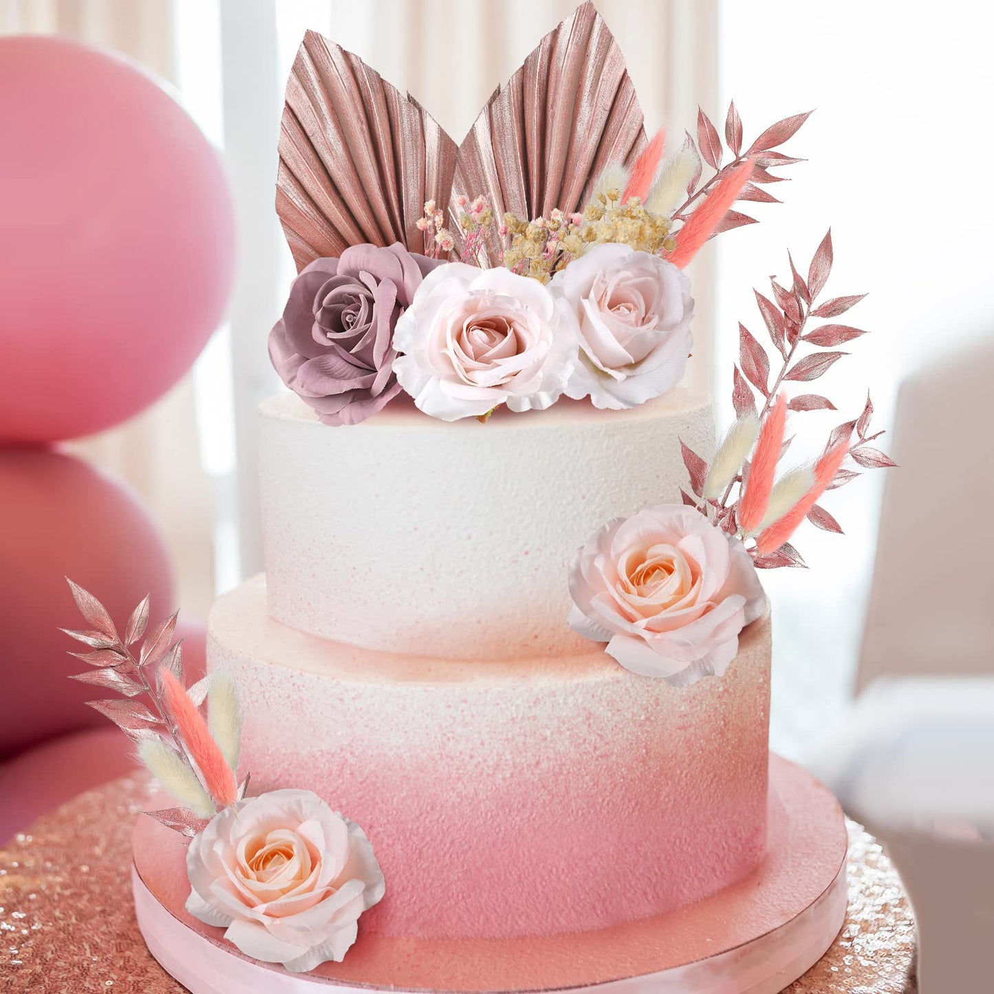 Tallew 28 Pcs Boho Cake Topper Decorations Faux Rose Flowers Leaves for Wedding Baby Shower Birthday Party, Rose Gold