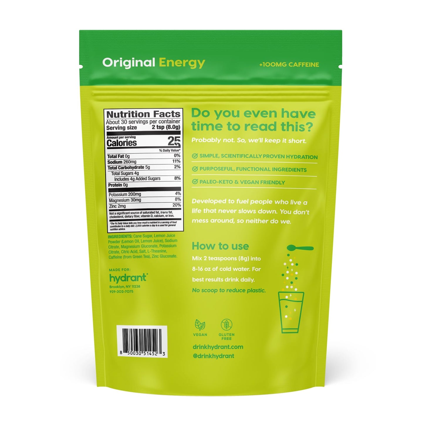 Hydrant - Bulk Energy Electrolyte Powder, Lemon Squeeze Flavor, 30 Servings Caffeine & L-Theanine Energy Hydration Powder - Low Sugar For Daily Use