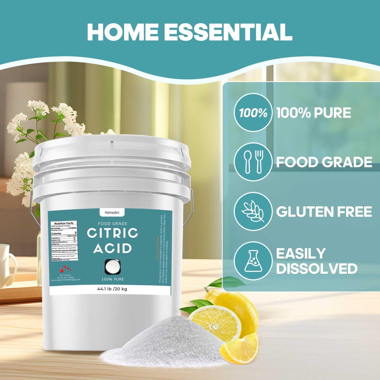 Hznxolrc Citric Acid Powder, 100% Pure Food Grade, 44.1 lb Natural Preservative for Cooking, Baking, Cleaning, DIY Bath  s