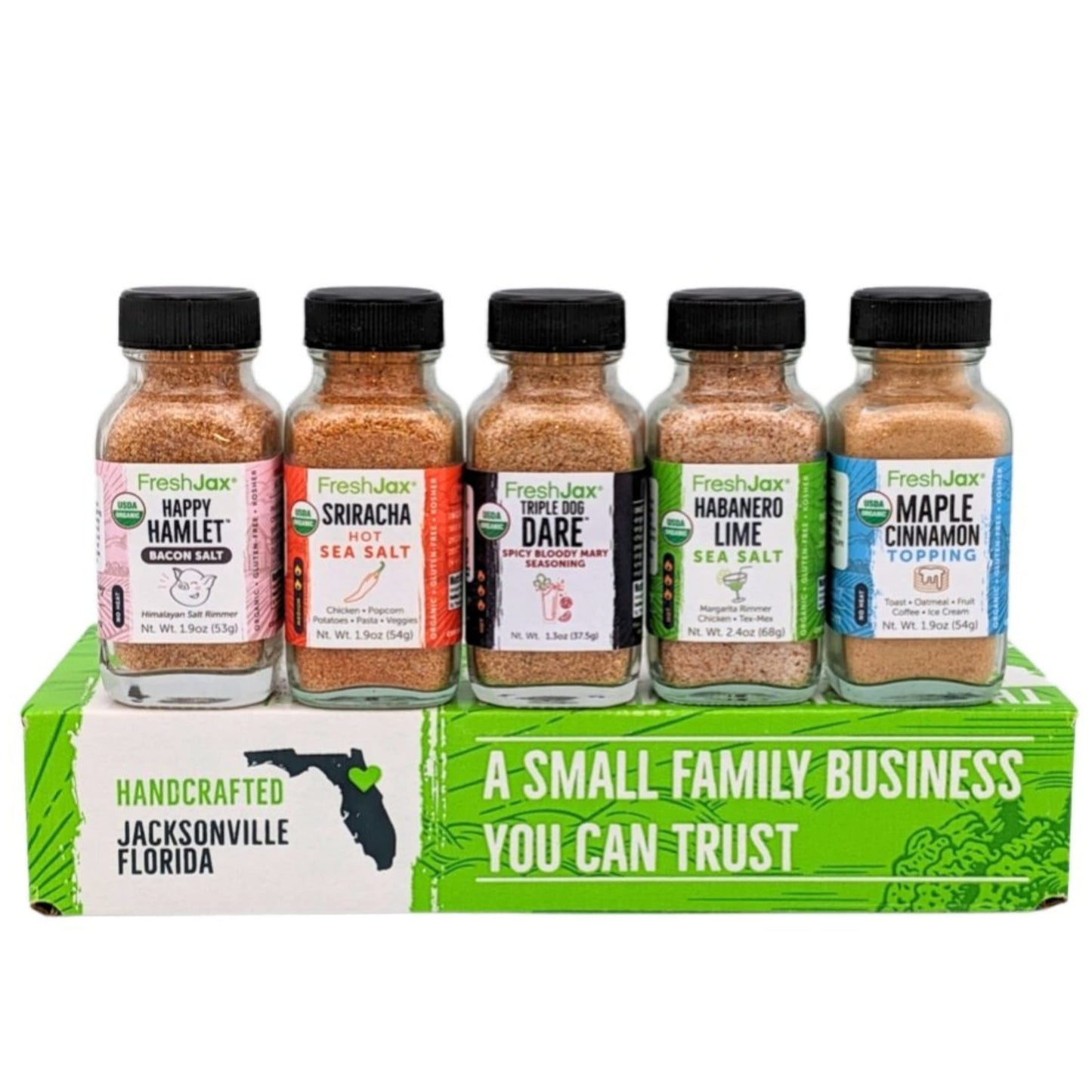 Freshjax Organic Cocktail Seasoning Gift Set – 5 Spice Samplers For Mocktails, Drinks & Grilling – Non-Gmo, Gluten-Free, Keto – Gourmet Spice Gift Box For Men, Bartenders & Home Entertaining