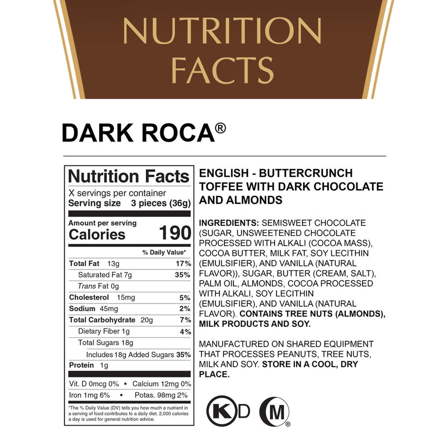 Almond Roca Pack Of 1-4.5Oz Individually Wrapped Dark Chocolate Candy - Buttercrunch Toffee With Almonds Covered In Chocolate - Gluten Free, Kosher, Chocolate