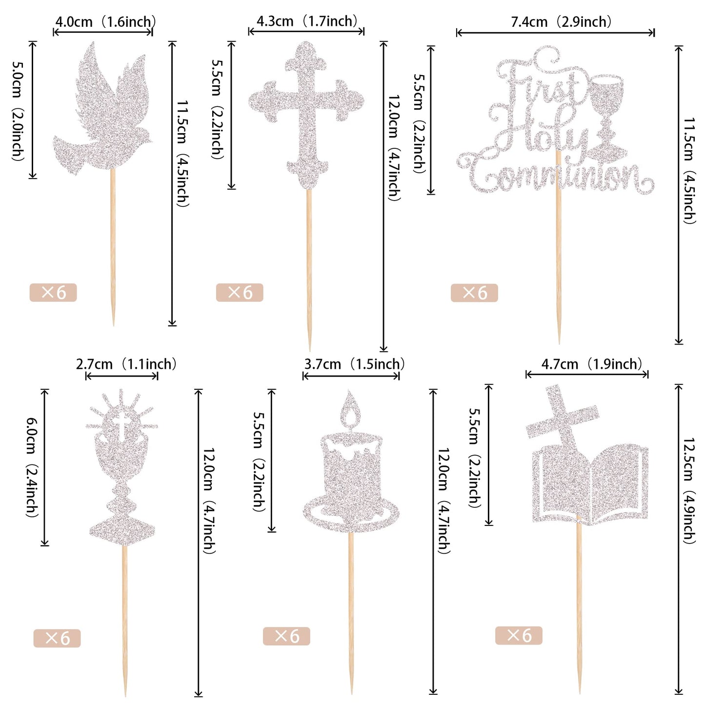 ZHUOWEISM Cupcake Toppers, 36 PCS Glitter Dove Cross, First Communion Theme, Small, Silver, Bamboo Material