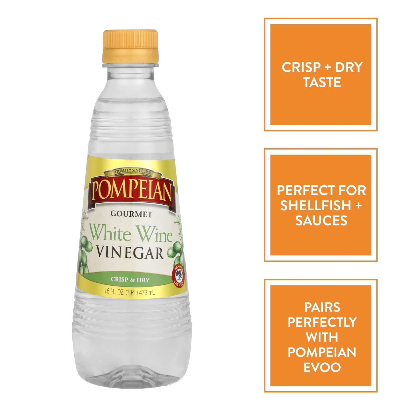 Pompeian Gourmet White Wine Vinegar, Bright Flavor, 16 Fl Oz, Pack of 6