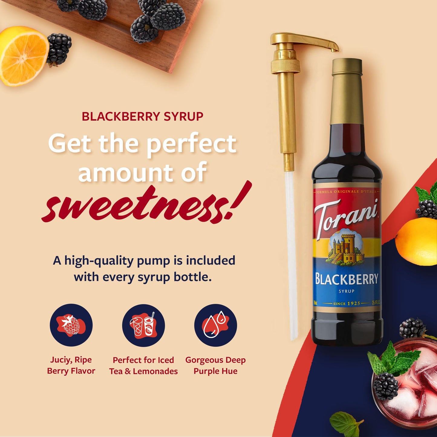 Torani Blackberry Syrup for Drinks, Flavoring for Iced Tea, Lemonade, and Sodas, Pump Included, 25.4 Oz