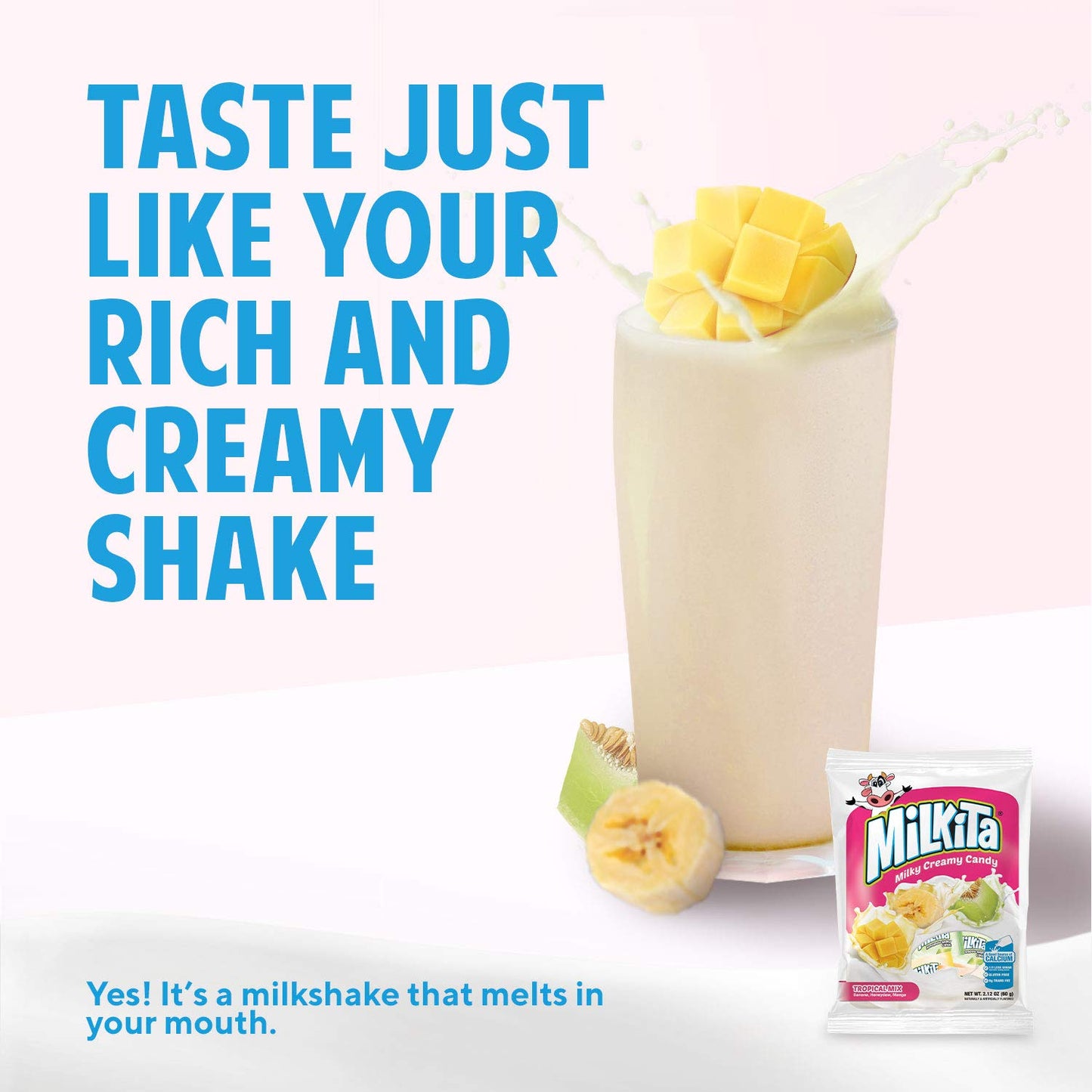 Milkita Creamy Shake Candy Bag, Gluten Free Chewy Candies With Calcium & Real Milk, Zero Trans Fat, Low-Sugar, Tropical Flavors (Banana, Honeydew, Mango), 25 Pcs