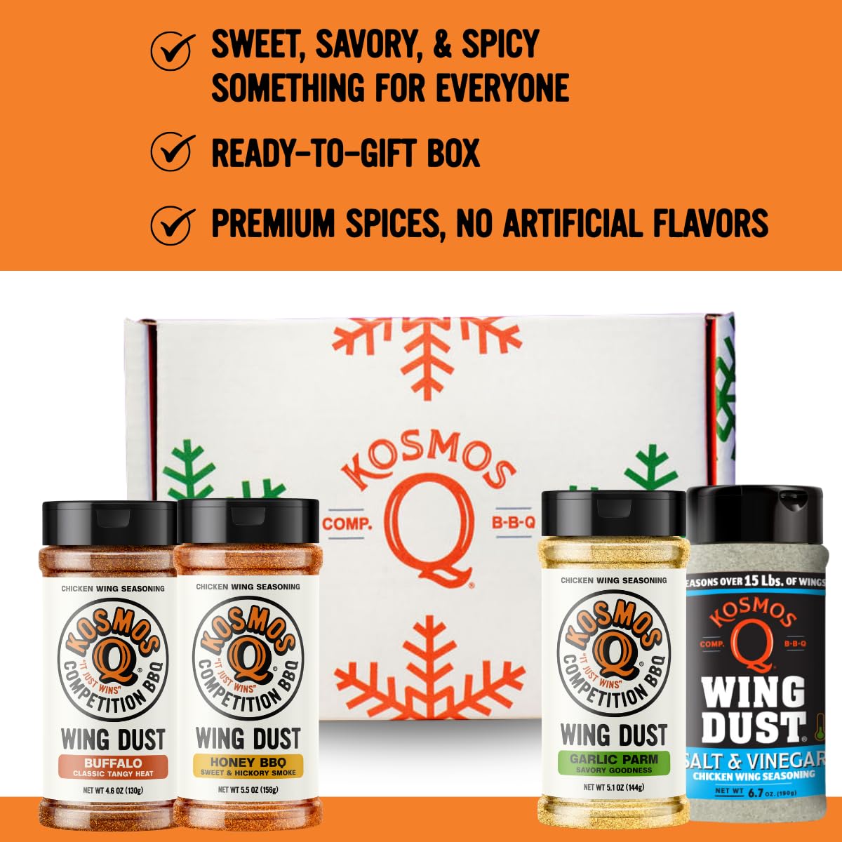 Kosmos Q Ultimate Chicken Wing Christmas Box, Includes Buffalo, Honey Bbq, Garlic Parmesan, And Salt & Vinegar, Seasoning Gift Set For Chicken, Popcorn, Fries, & More, Christmas Gifts, Gifts For Men
