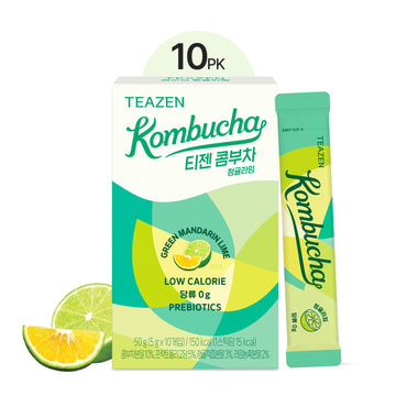 Teazen Green Mandarin Lime Kombucha Tea, Hydration Drink Mix, Sugar Free, Live Probiotics & Prebiotics, 10 Sticks, 1.76Oz