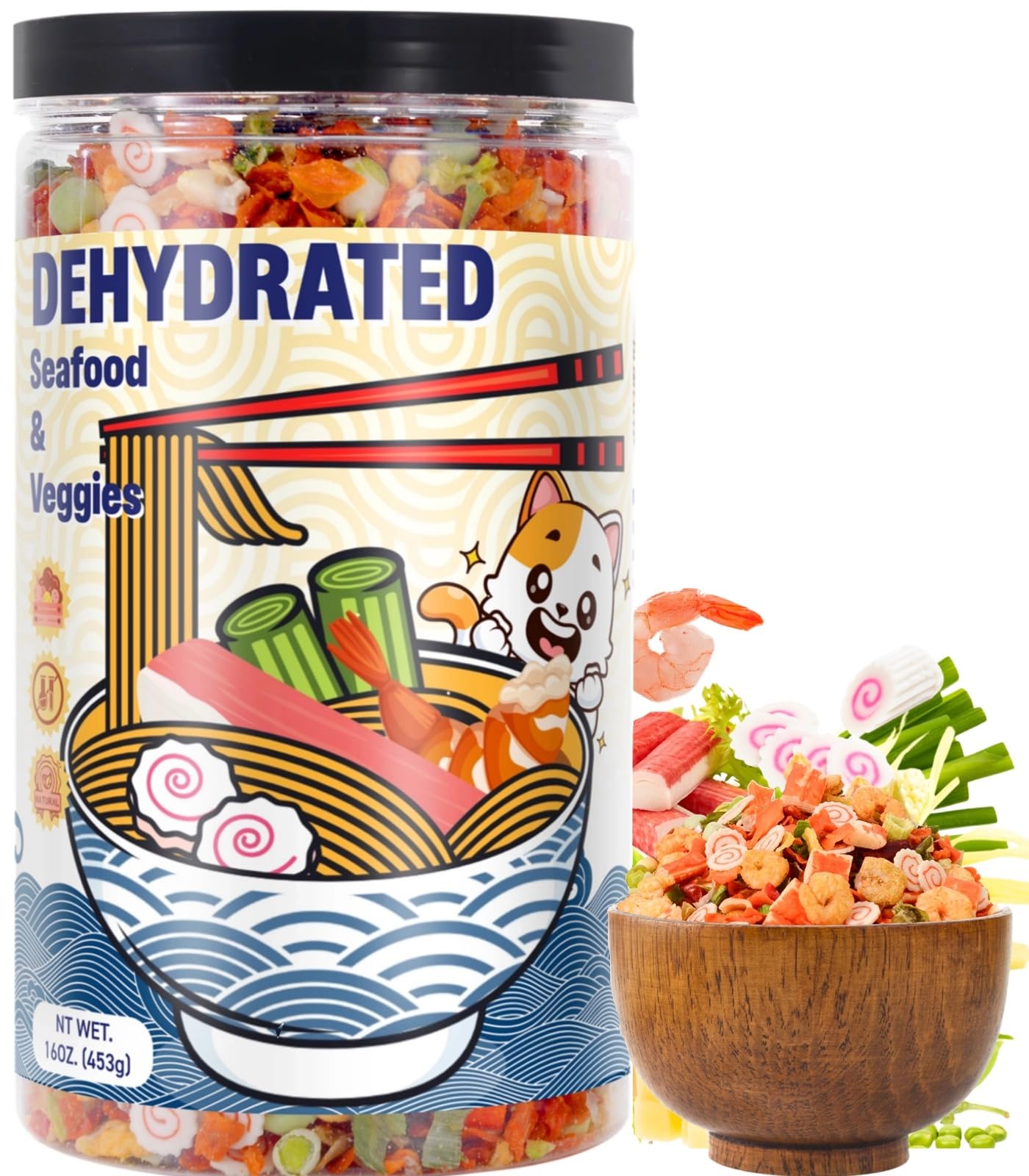 16oz Dehydrated Freeze Dried Seafood & Vegetable Mix - 11 Mixed Dry Veggies Ingredients Natural Ramen Toppings for Soups, Salad,