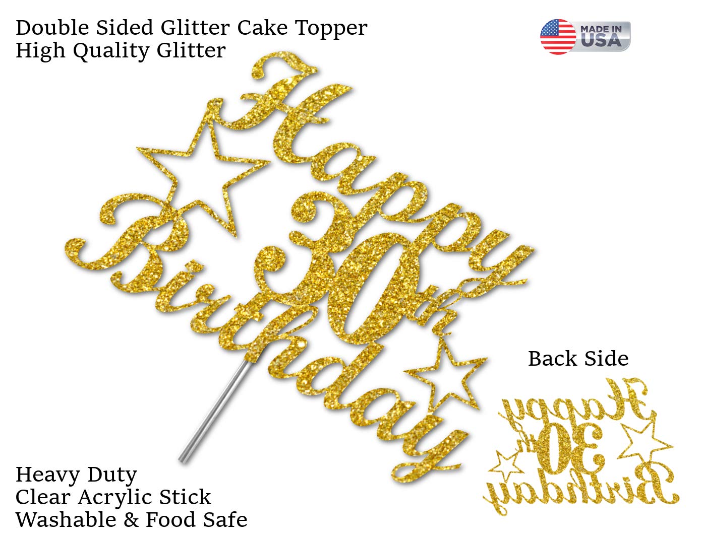 30 Birthday Cake Topper Gold Glitter, Party Decoration Ideas, Premium Quality, Sturdy Doubled Sided Glitter, Acrylic Stick. Made