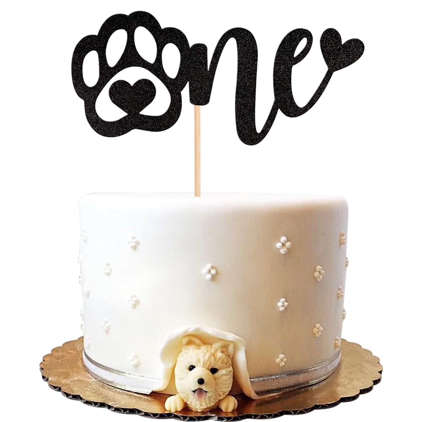 1 PCS One Cake Topper Black Glitter First Birthday Dog Paw Cake Pick for Puppy Dog Let's Pawty Theme Baby Shower Kids Boys Girls