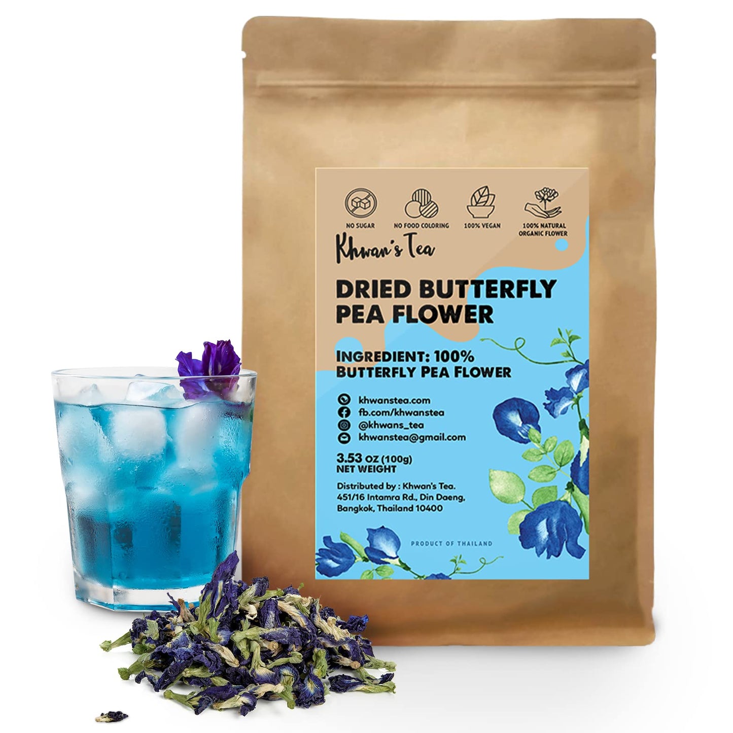 KHWANS TEA Dried Butterfly Pea Flowers Herbal Tea, Caffeine Free, Vegan, 3.53 oz (100g)