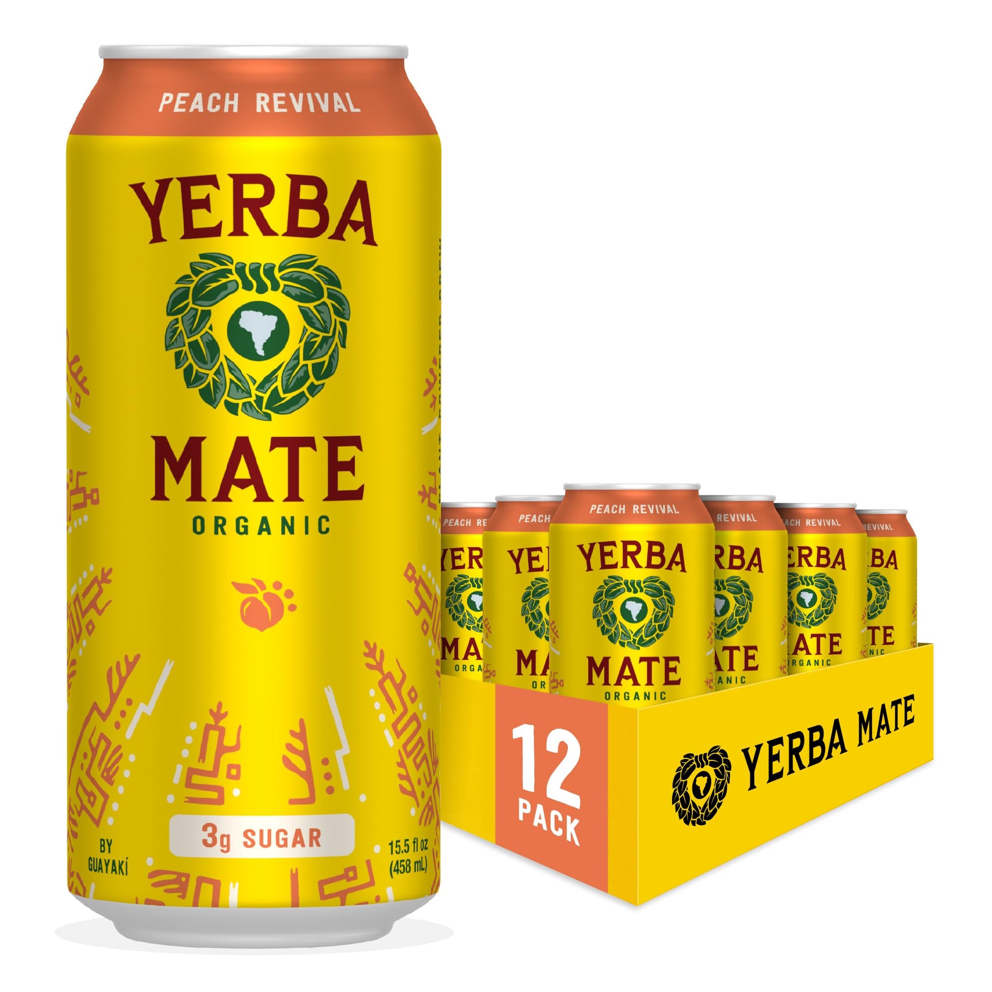 Guayaki Yerba Mate Energy Drink Alternative, Peach Revival, Low Sugar, 15.5 Fl Oz (Pack of 12)