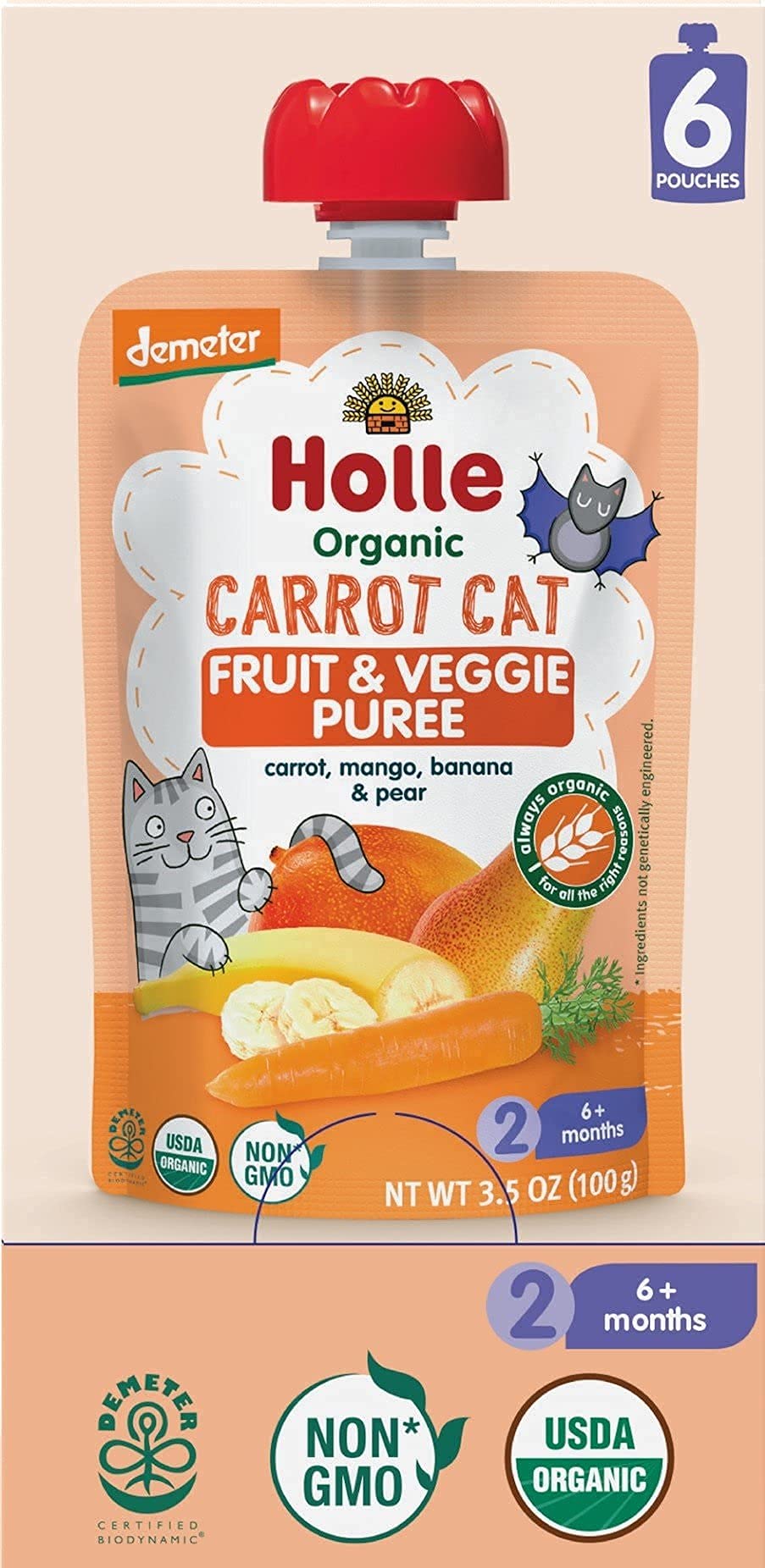 Holle Organic Baby Food Pouches - Carrot Cat Baby Puree With Carrot, Mango, Banana & Pear - (6 Pack) Organic Baby Snacks + Fruit And Veggie Pouches For Weaning Babies 6 Months And Older