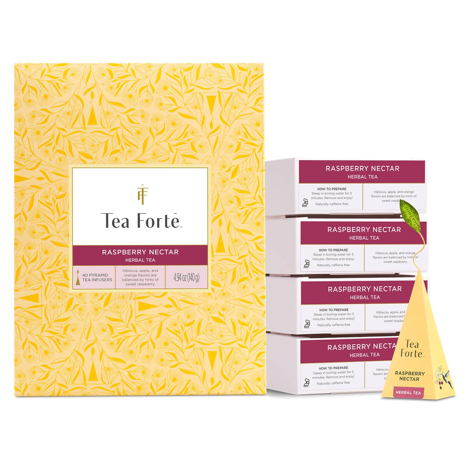 Tea Forte Raspberry Nectar Top-Grade Energy Blend-Free Herbal Tea Blend Event Box  Bulk Pack 40 Count  10 Per Tray Individually Wrapped Handcrafted Pyramid Infusers