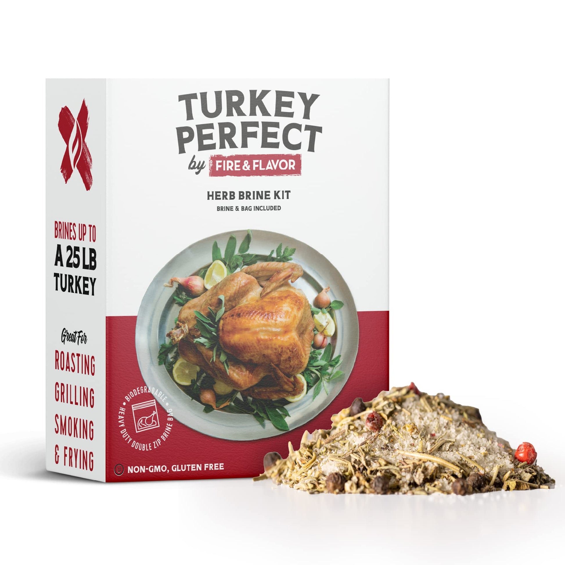 Fire & Flavor Turkey Perfect All-Natural Herb Brine Seasoning Kit  Perfect for Roasting  Grilling  smoky aroma  and Frying  Including Durable Double-Zipper Gusseted Brining Bag for Birds up to 25 lbs