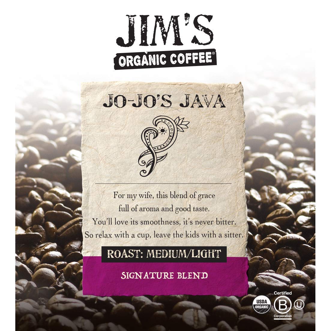 Jims Organic Coffee - Jo-Jos Java Blend: Ground Coffee - Medium/Light Roast 12oz Bag- Certified Organic, Regeneratively Grown,