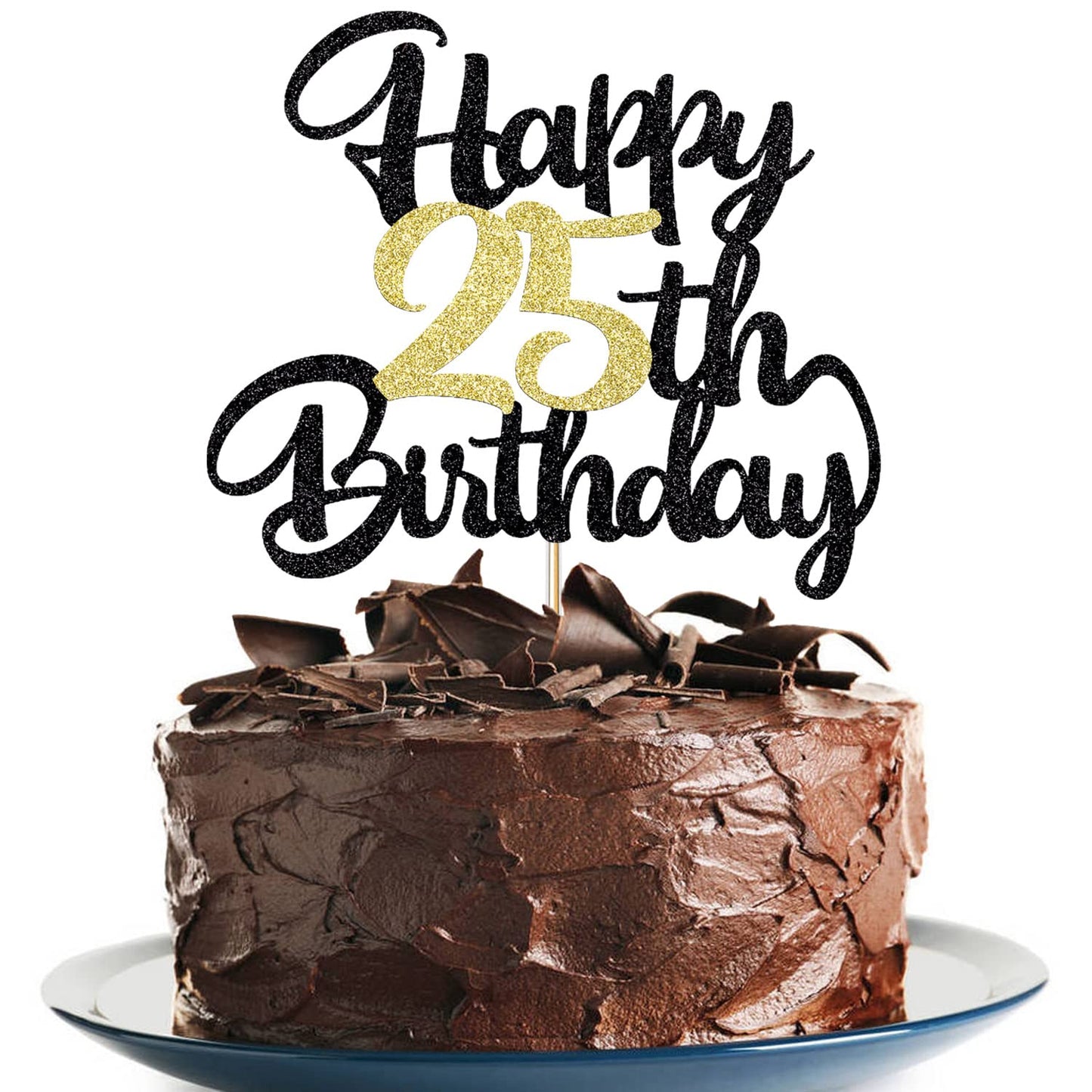 25Th Happy Birthday Cake Topper Happy Birthday Cake Decoration Party Decoration Gift Plug-In Photo Props Plug-In Black Gold Glit