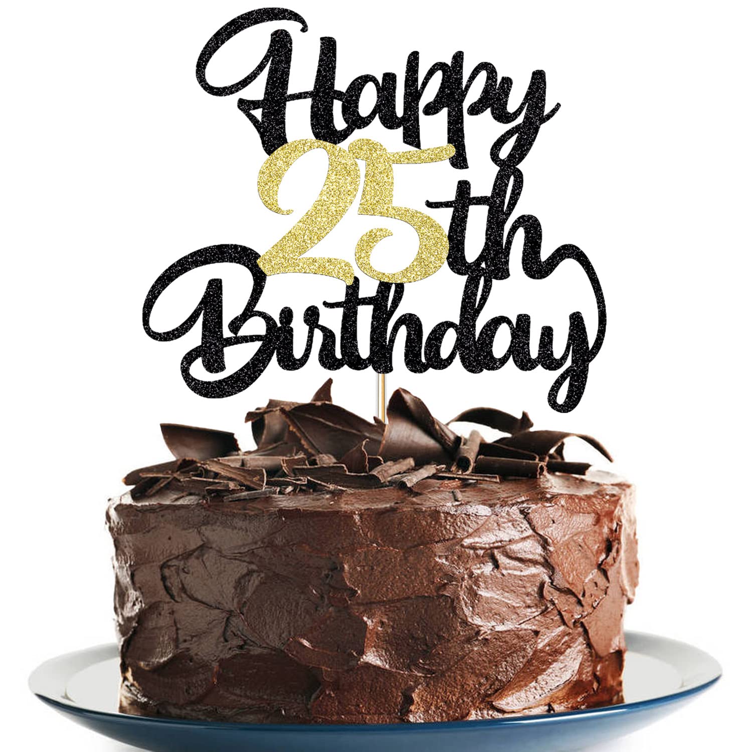 25Th Happy Birthday Cake Topper Happy Birthday Cake Decoration Party Decoration Gift Plug-In Photo Props Plug-In Black Gold Glit