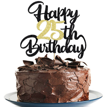 25Th Happy Birthday Cake Topper Happy Birthday Cake Decoration Party Decoration Gift Plug-In Photo Props Plug-In Black Gold Glit