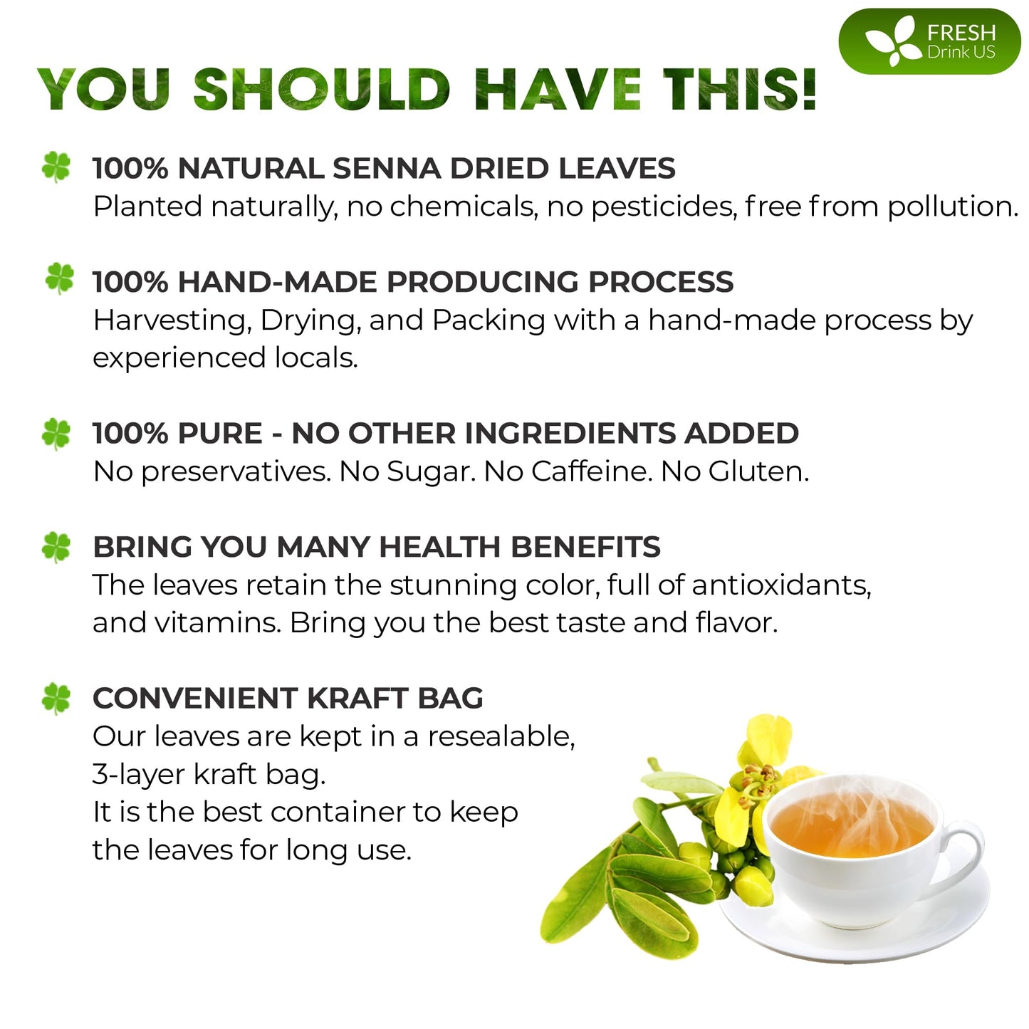 FRESHDRINKUS Senna Leaf Tea, 100% Natural & Pure, Loose Leaf Herbal Tea, 10oz, Vegan, No Additives, No Caffeine