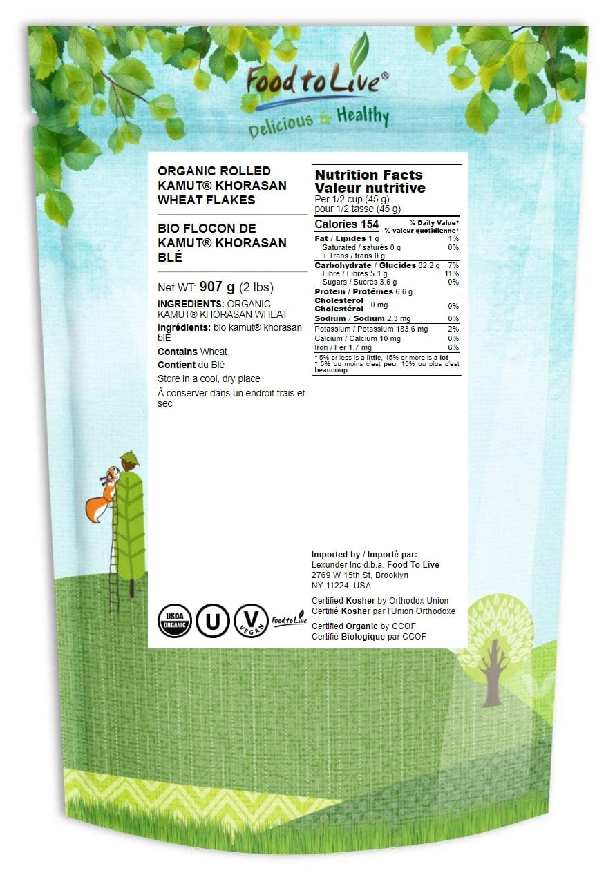 Food To Live Organic Rolled Kamut Khorasan Wheat Flakes, 2 Pounds - Non-Gmo, Made From Whole Wheat Berries, Kosher, Bulk, Great