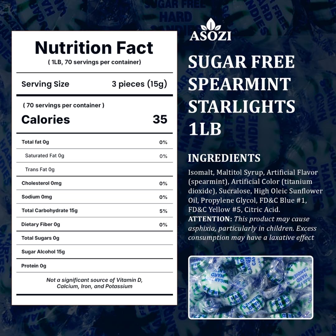 ASOZI Sugar Free Spearmint Starlights, Sugarless Mints Candy, 16 Ounce, Ideal for Diabetics, Guilt-Free