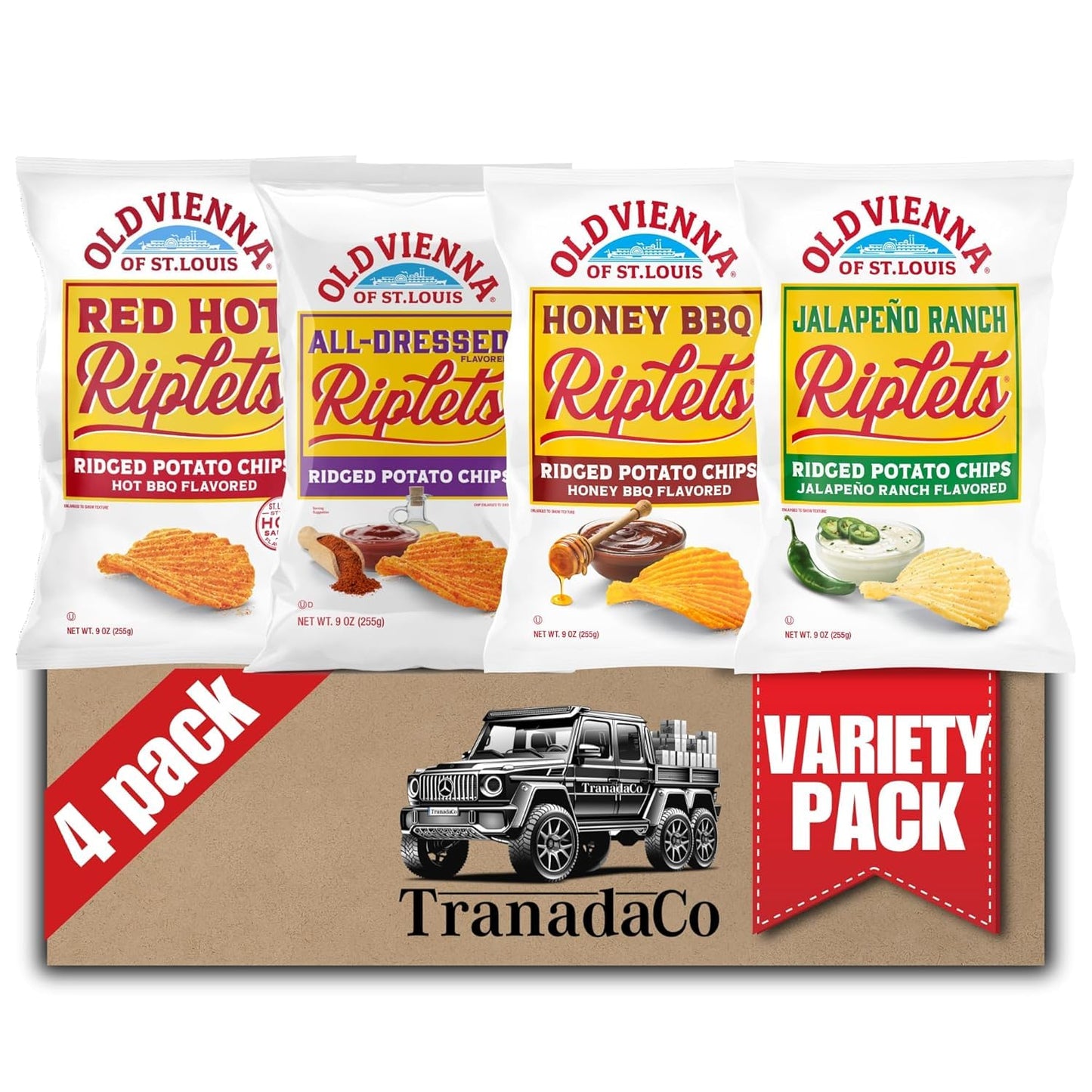 Old Vienna of St. Louis Ridged Potato Chips 9oz Bags Variety (4 Pack) Snack Box by TranadaCo